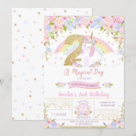 Unicorn 2:a födelsedagsinbjudan Blommigt Regnbåge Inbjudningar
