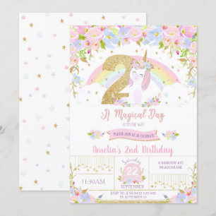 Unicorn 2:a födelsedagsinbjudan Blommigt Regnbåge Inbjudningar