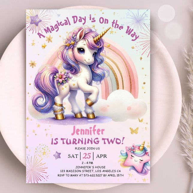 Unicorn 2nd Birthday Girl Lila Guld Rainbow Inbjudningar (
#UnicornBirthdayInvitation #UnicornBirthdayInvitationTemplate #UnicornBirthdayInvitationEditable)