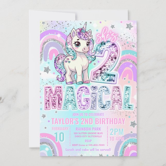 Unicorn 2nd Birthday Two Magical Rainbow Glitter Inbjudningar (Framsida)