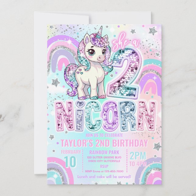Unicorn 2nd Birthday Two-nicorn Rainbow Glitter Inbjudningar (Framsida)