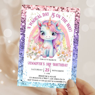 Unicorn 3rd Birthday Guld Glitter Blommigt Rainbow Inbjudningar