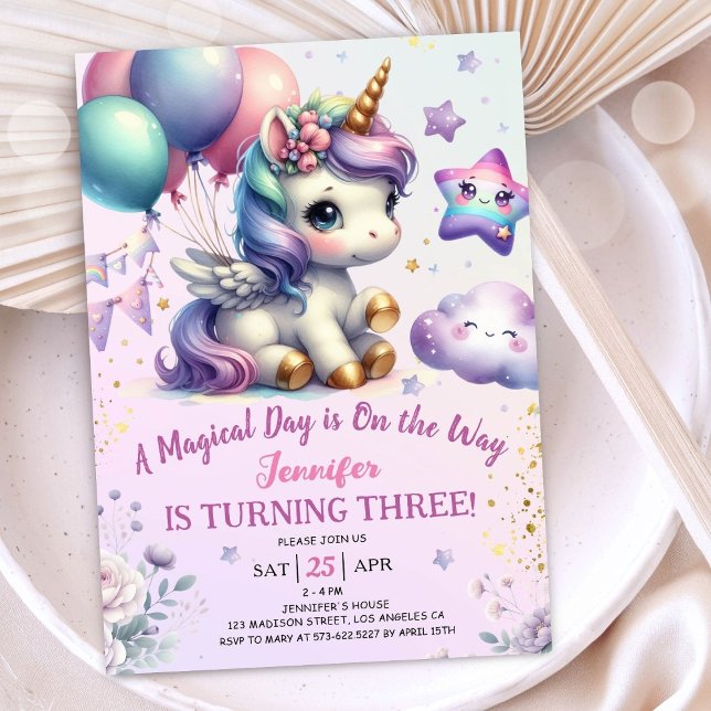 Unicorn 3rd Birthday Inbjudan Girl Lila & Guld (#UnicornBirthdayInvitation #UnicornBirthdayInvitationTemplate #UnicornBirthdayInvitationEditable)