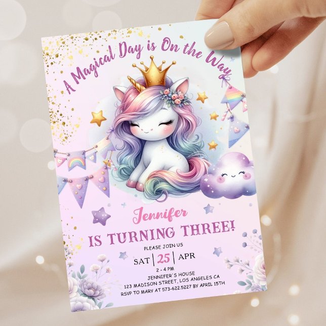 Unicorn 3rd Birthday Inbjudan Girl Rosa & Guld (#UnicornBirthdayInvitation #UnicornBirthdayInvitationTemplate #UnicornBirthdayInvitationEditable 
)