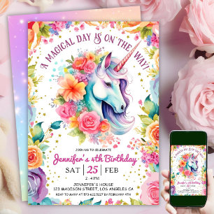 Unicorn 4e födelsedagen Blommigt Rainbow och Stars Inbjudningar