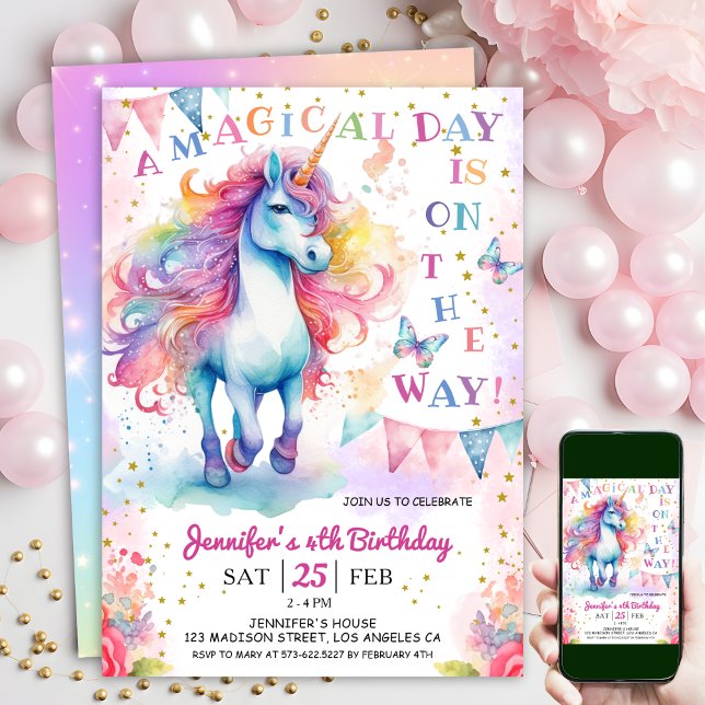 Unicorn 4e födelsedagen Fairy Blommigt Rainbow & S Inbjudningar (#UnicornBirthdayInvitation #UnicornBirthdayInvitationTemplate #UnicornBirthdayInvitationEditable )