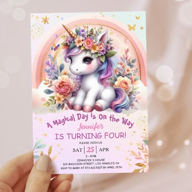 Unicorn 4e födelsedagen Girl Rosa Blommigt Rainbow Inbjudningar (#UnicornBirthdayInvitation #UnicornBirthdayInvitationTemplate #UnicornBirthdayInvitationEditable 
)