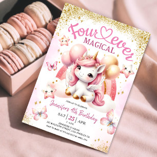 Unicorn 4e födelsedagen Girl Rosa Guld Rainbow Inbjudningar