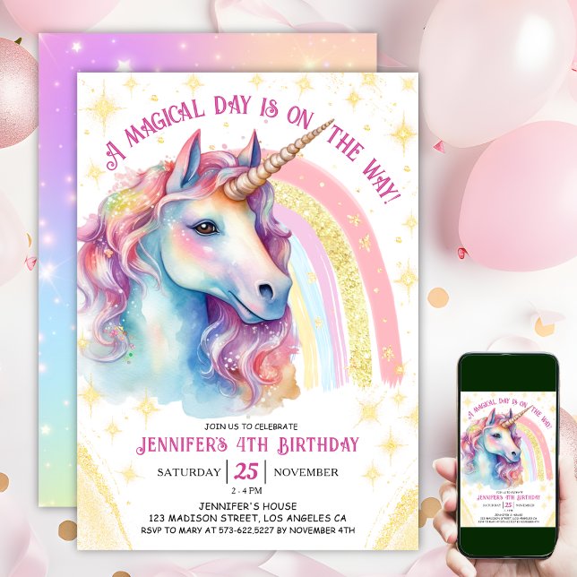 Unicorn 4e födelsedagen Guld Rosa Magic Rainbow Inbjudningar (#UnicornBirthdayInvitation #UnicornBirthdayInvitationTemplate #UnicornBirthdayInvitationEditable)