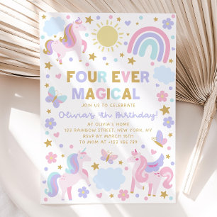 Unicorn 4e födelsedagen-inbjudan, fyra gånger magi inbjudningar
