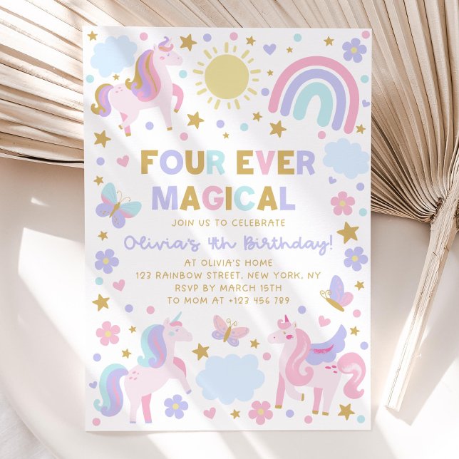 Unicorn 4e födelsedagen-inbjudan, fyra gånger magi inbjudningar (Skapare uppladdad)