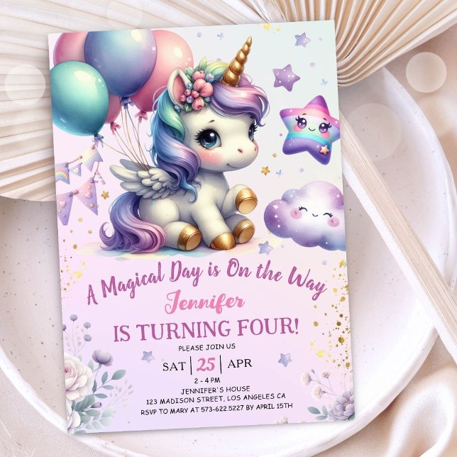 Unicorn 4e födelsedagen Inbjudan Girl Lila & Guld (
#UnicornBirthdayInvitation #UnicornBirthdayInvitationTemplate #UnicornBirthdayInvitationEditable 
)