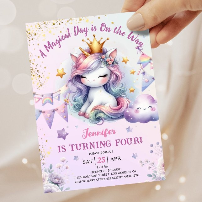 Unicorn 4e födelsedagen Inbjudan Girl Rosa & Guld (#UnicornBirthdayInvitation #UnicornBirthdayInvitationTemplate #UnicornBirthdayInvitationEditable 
)