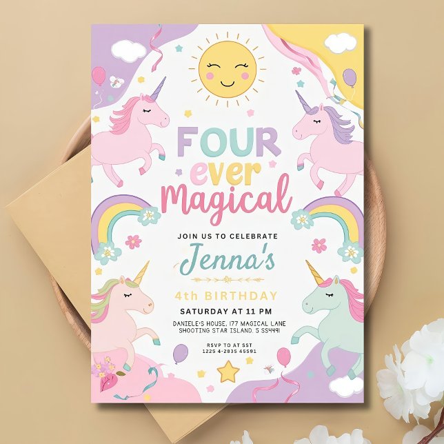 Unicorn 4e födelsedagen-inbjudan, redigerbar regnb inbjudningar (Skapare uppladdad)