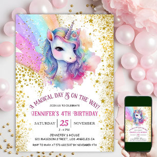 Unicorn 4e födelsedagen Rainbow Guld Glitter Inbjudningar