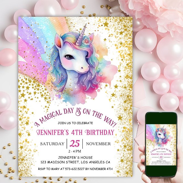 Unicorn 4e födelsedagen | Rainbow Guld Glitter Inbjudningar (#UnicornBirthdayInvitation #UnicornBirthdayInvitationTemplate #UnicornBirthdayInvitationEditable 

)