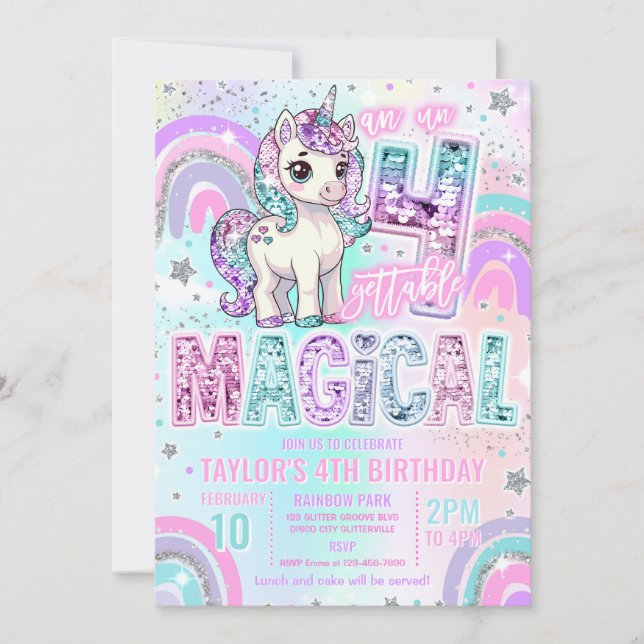 Unicorn 4th Birthday Un-fourgettable Magical Inbjudningar (Framsida)