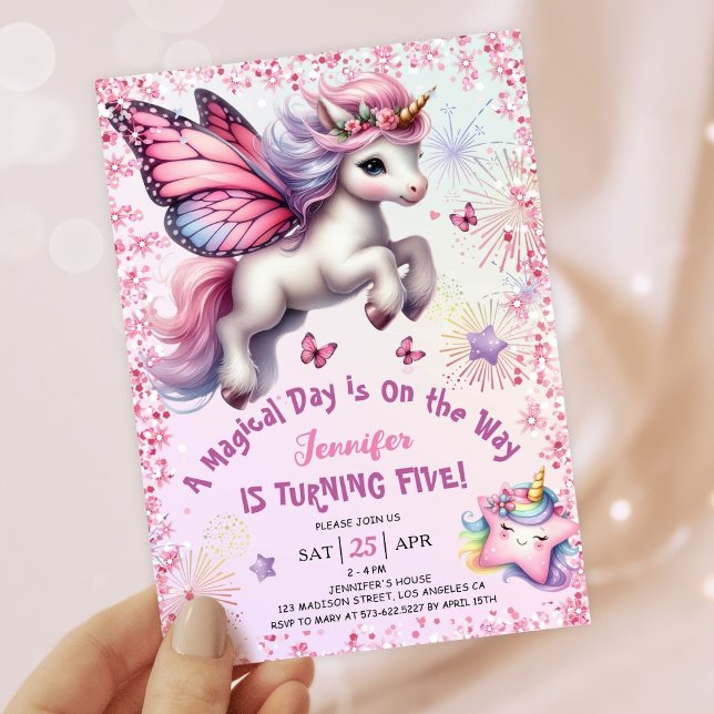 Unicorn 5 Birthday Girl Rosa Lila Glitter Inbjudningar (#UnicornBirthdayInvitation #UnicornBirthdayInvitationTemplate #UnicornBirthdayInvitationEditable 
)