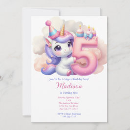 Unicorn 5:e Rosa Blue Lila Girl Birthday Inbjudningar
