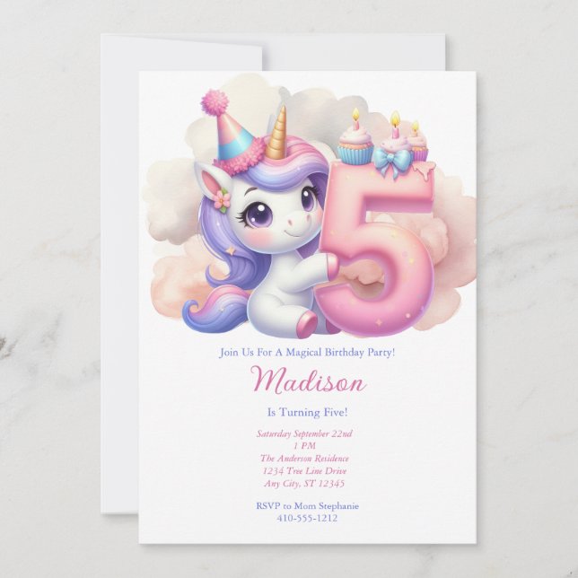 Unicorn 5:e Rosa Blue Lila Girl Birthday Inbjudningar (Framsida)