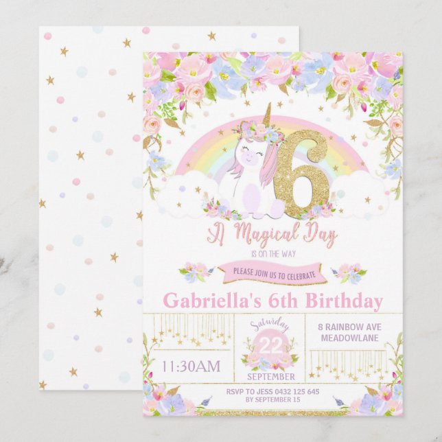 Unicorn 6e Birthday Blommigt Rainbow Inbjudningar (Fram/baksida)
