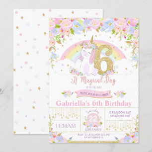 Unicorn 6e Birthday Blommigt Rainbow Inbjudningar