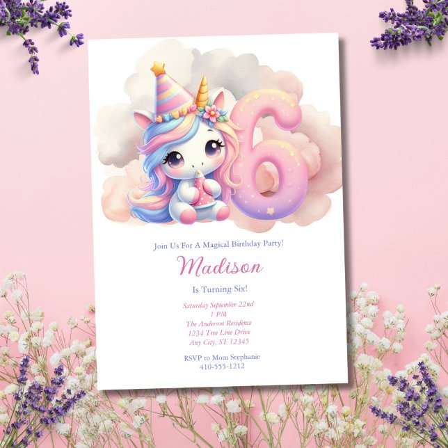 Unicorn 6e sjätte Rosa Blue Lila Girl Birthday Inbjudningar (Unicorn 6th Sixth Birthday Party Invitation for Girl. Digital Download or Printed)