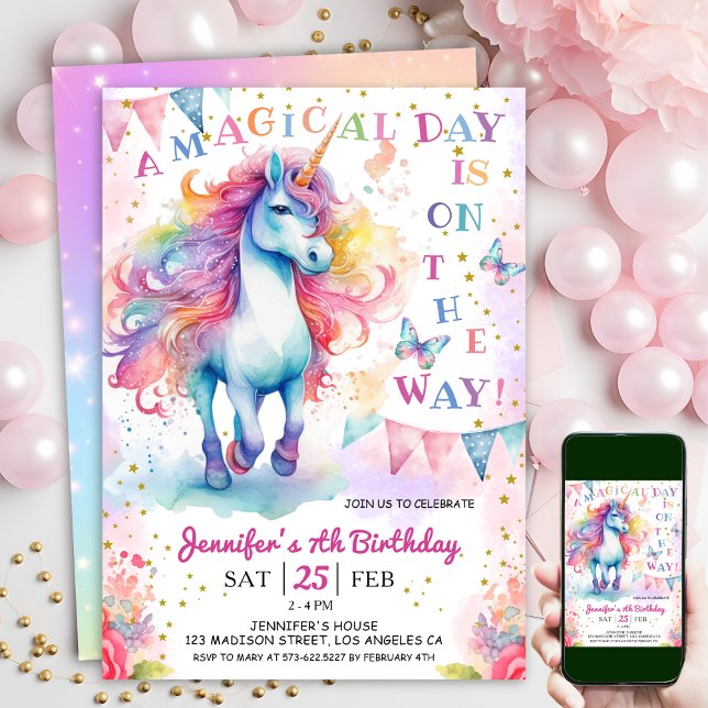Unicorn 7:e Birthday Fairy Blommigt Rainbow & Star Inbjudningar (#UnicornBirthdayInvitation #UnicornBirthdayInvitationTemplate #UnicornBirthdayInvitationEditable )