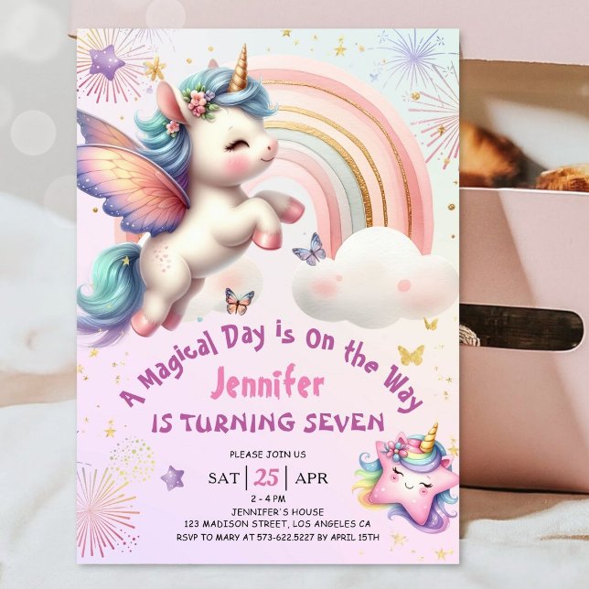 Unicorn 7:e Birthday Girl Lila Rosa Rainbow Inbjudningar (#UnicornBirthdayInvitation #UnicornBirthdayInvitationTemplate #UnicornBirthdayInvitationEditable)