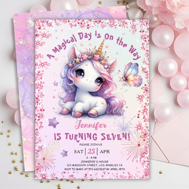 Unicorn 7:e Födelsedagsfest Girl Rosa Lila Inbjudningar (#UnicornBirthdayInvitation #UnicornBirthdayInvitationTemplate #UnicornBirthdayInvitationEditable

)