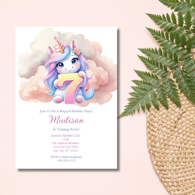 Unicorn 7:e Seven Rosa Blue Lila Girl Birthday Inbjudningar (Girls Unicorn 7th Birthday invitation. Printed or Digital Download. Watercolor Pink Blue Purple)