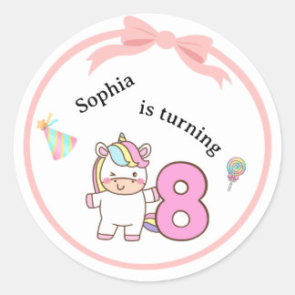 Unicorn 8 Birthday Sticker Pack Cute Party Design Runt Klistermärke