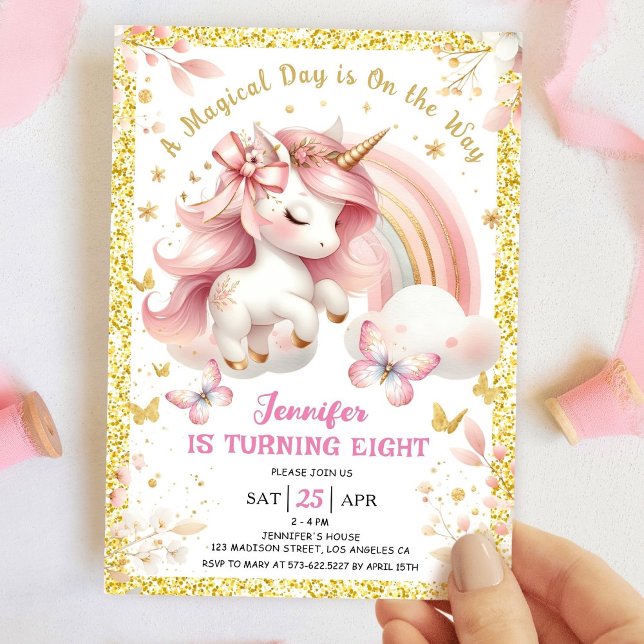 Unicorn 8:e Födelsedagsfesten Girl  Rosa & Guld Inbjudningar (Skapare uppladdad)