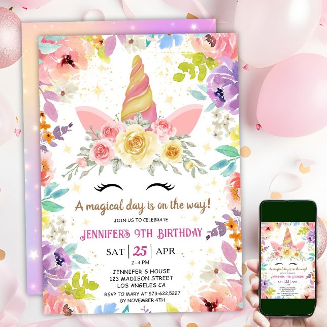 Unicorn 9:e födelsedag Färglös Blommigt regnbåge Inbjudningar (#UnicornBirthdayInvitation #UnicornBirthdayInvitationTemplate #UnicornBirthdayInvitationEditable 
)