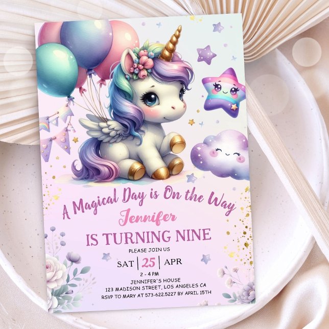 Unicorn 9:e födelsedag Inbjudan Girl Lila & Guld (#UnicornBirthdayInvitation #UnicornBirthdayInvitationTemplate #UnicornBirthdayInvitationEditable 
)