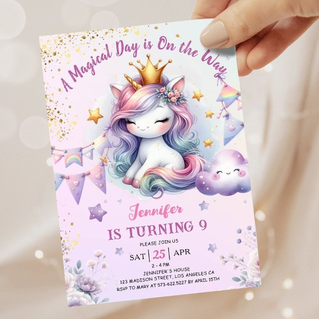 Unicorn 9:e födelsedag Inbjudan Girl Rosa & Guld (#UnicornBirthdayInvitation #UnicornBirthdayInvitationTemplate #UnicornBirthdayInvitationEditable )