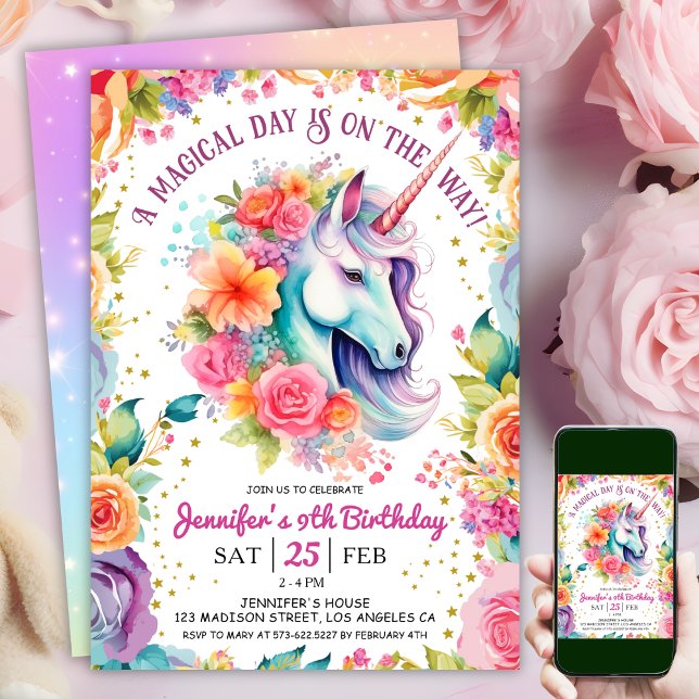 Unicorn 9:e födelsedagen Blommigt Rainbow and Star Inbjudningar (#UnicornBirthdayInvitation #UnicornBirthdayInvitationTemplate #UnicornBirthdayInvitationEditable 
)