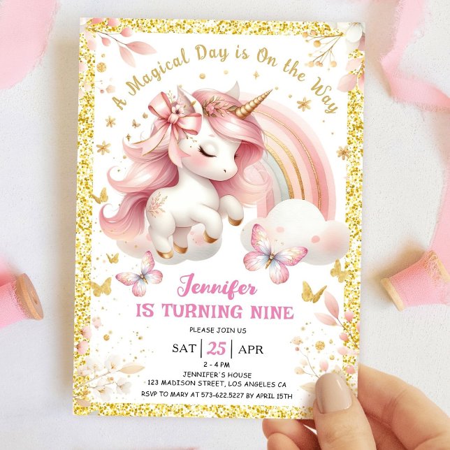 Unicorn 9:e Födelsedagsfesten Girl  Rosa & Guld Inbjudningar (Skapare uppladdad)