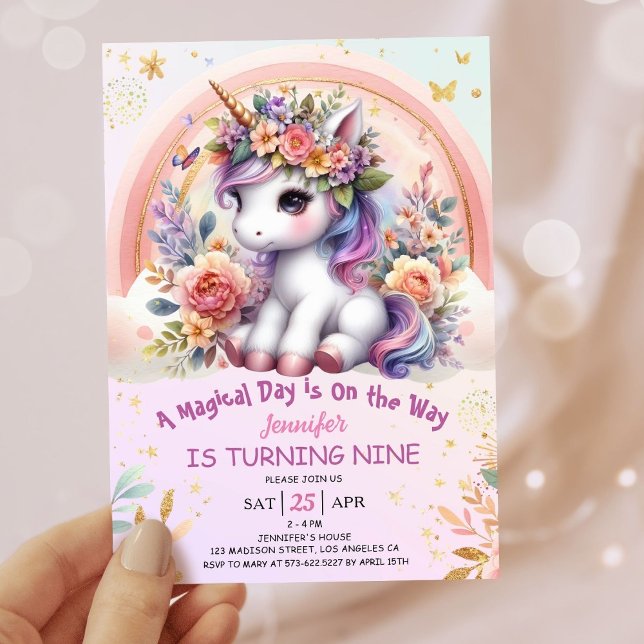 Unicorn 9th Birthday Girl Rosa Blommigt Rainbow Inbjudningar (#UnicornBirthdayInvitation #UnicornBirthdayInvitationTemplate #UnicornBirthdayInvitationEditable 
)