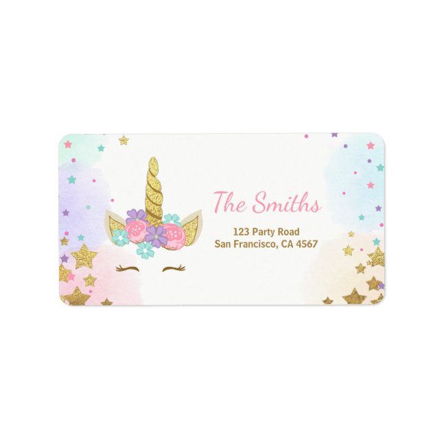 Unicorn Address Label Rosa Guld Magic Rainbow Adressetikett (Framsidan)