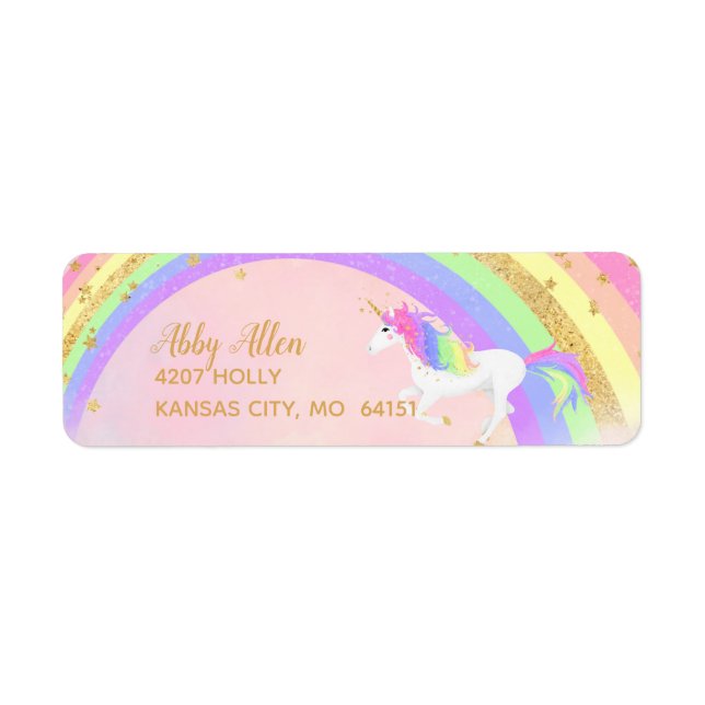 Unicorn-Adressetiketter | Magisk Rosa och Guld Returadress Etikett (Framsidan)