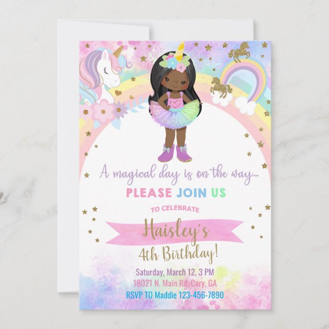 Unicorn african american girl magical birthday. inbjudningar (Framsida)