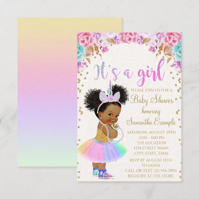 Unicorn African American Princess Baby Shower i Inbjudningar (Fram/baksida)