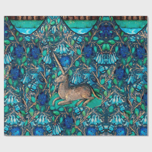 UNICORN AMONG BLÅA BLOMMOR Aqua Blue Grönt Blommig Presentpapper