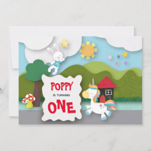 Unicorn and Bunny Ligcape First Birthday Inbjudningar