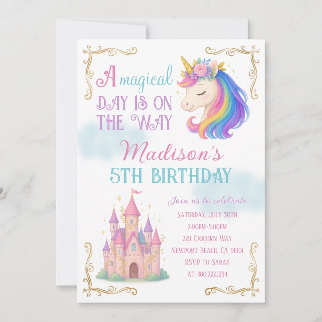 Unicorn and Castle Birthday Party Invitation Inbjudningar (Framsida)