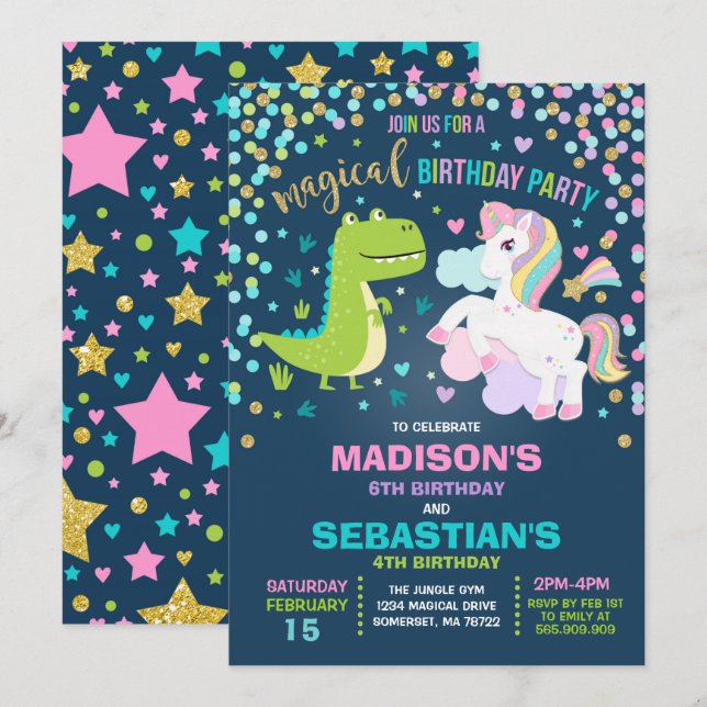 Unicorn and Dinosaur Birthday bjudande Syskon Inbjudningar (Fram/baksida)