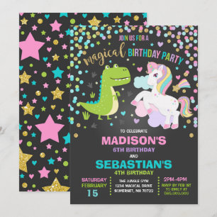 Unicorn and Dinosaur Birthday Investigation Syskon Inbjudningar