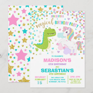 Unicorn and Dinosaur Birthday Investigation Syskon Inbjudningar