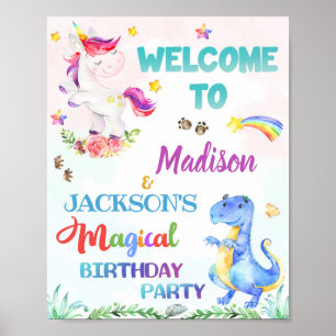 Unicorn and Dinosaur Welcome party-tecken Magic-te Poster